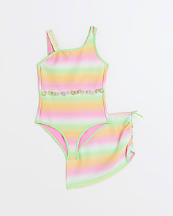 Girls green ombre asymmetric swimsuit set