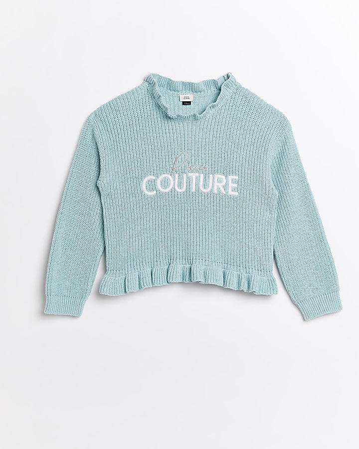 Girls green 'Paris Couture' frill knit jumper