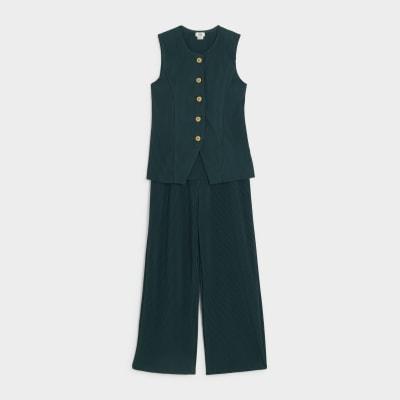 Girls green plisse waistcoat and trousers set River Island