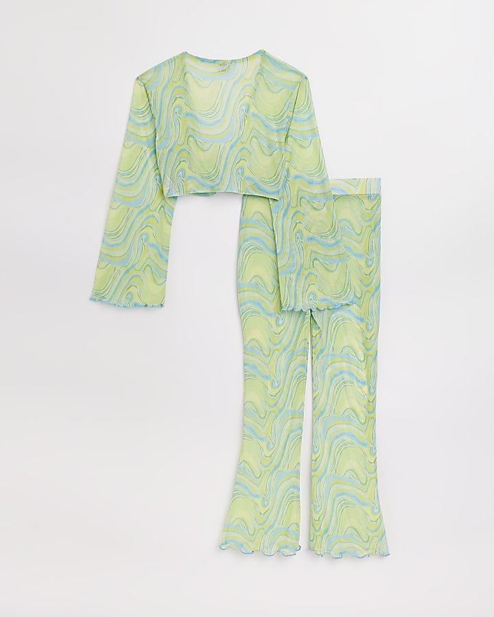 Girls green print sheer beach cover up outfit