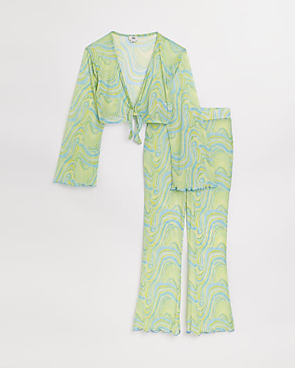 Girls green print sheer beach cover up outfit