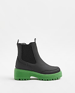 Girls Green PU ribbed Gusset Boots