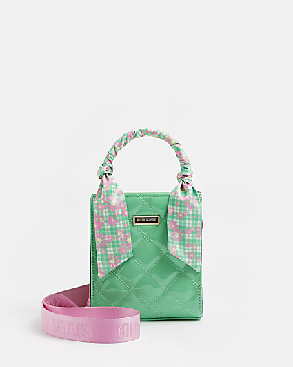 Girls green quilted scarf handle tote bag