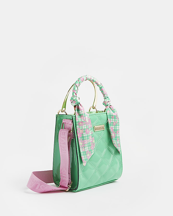 Girls green quilted scarf handle tote bag