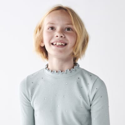 Girls green rib embellished long sleeve top River Island