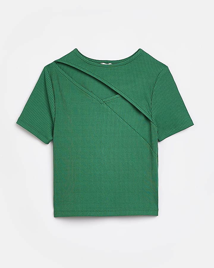 Girls green Ribbed Cutout t-shirt