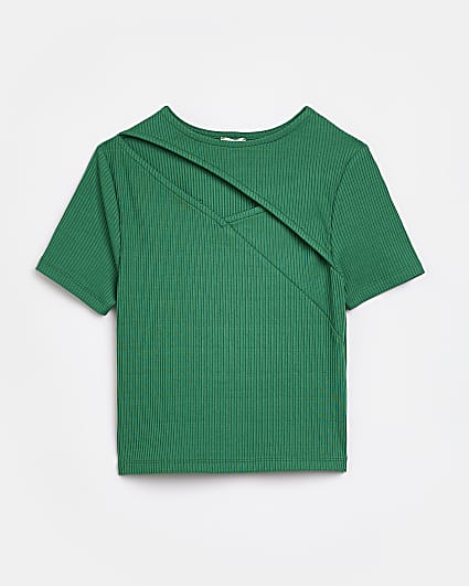 Girls green Ribbed Cutout t-shirt