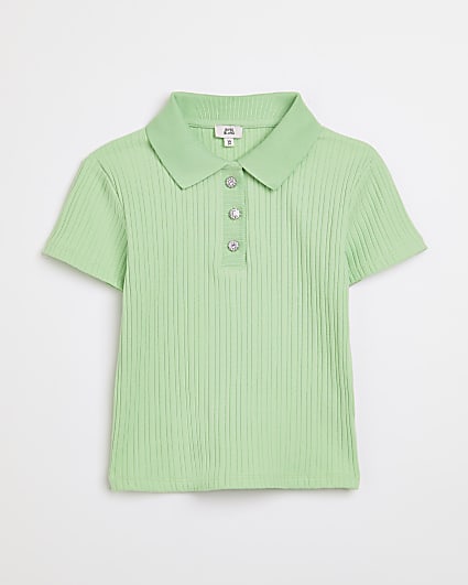 Girls green ribbed polo shirt