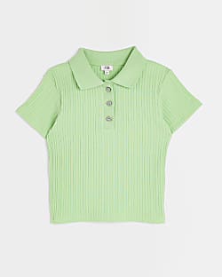 Girls green Ribbed short sleeve Polo shirt