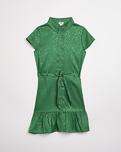 Girls green satin shirt dress