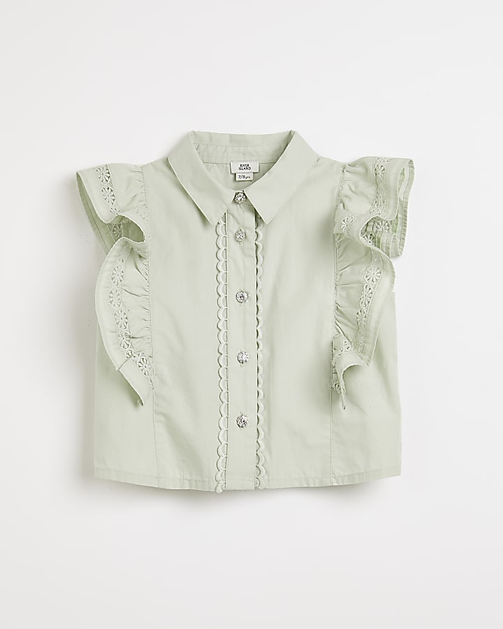 Girls green sleeveless ruffle shirt