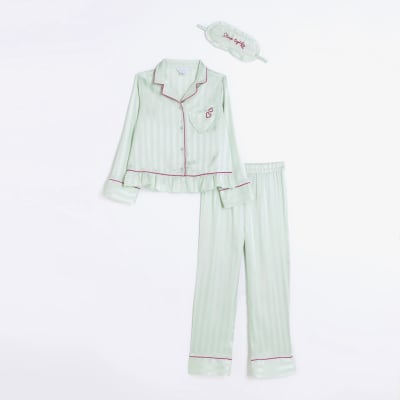 Girls green stripe peplum satin pyjamas