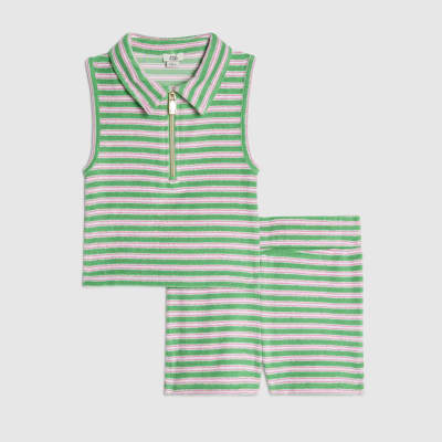 Girls Green Stripe Towelling Shorts Set