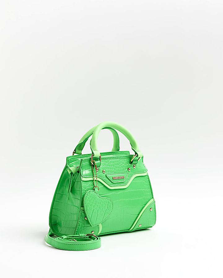 Girls Green Studded Glossy Croc Tote Bag
