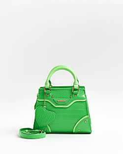 Girls Green Studded Glossy Croc Tote Bag