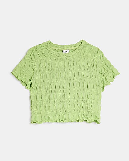 Girls green textured lettuce hem t-shirt