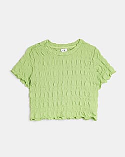 Girls green textured lettuce hem t-shirt