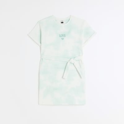 Girls green tie dye embroidered t-shirt dress