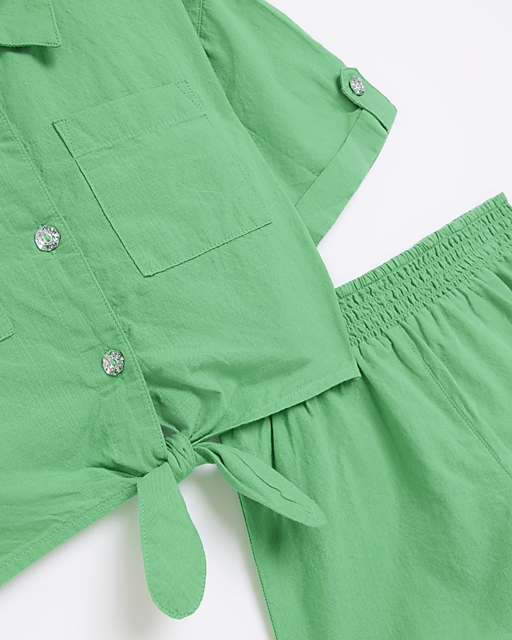 Girls Green Tie Front Shirt and Shorts Set