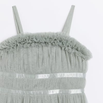 Girls green tulle ruffle smock dress