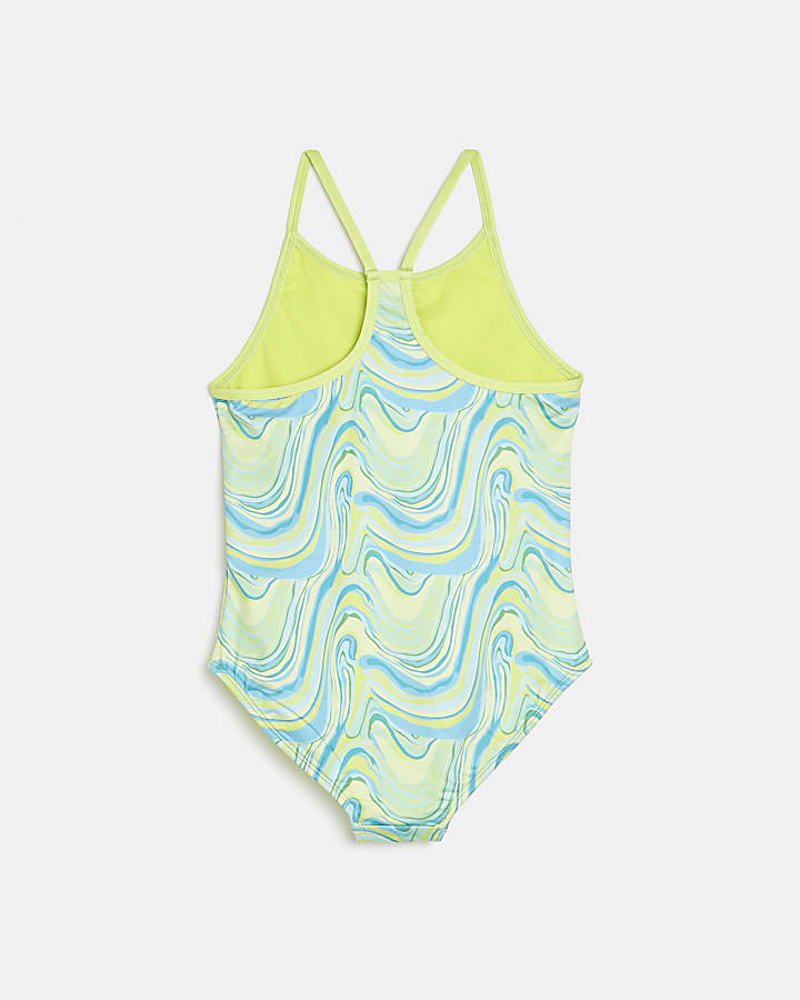 Girls green wavy marble print swimsuit