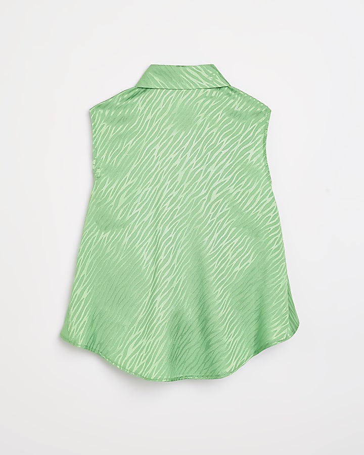 Girls green zebra sleeveless tie front shirt