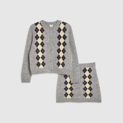 Girls Grey Argyle Cardigan And Skirt Set