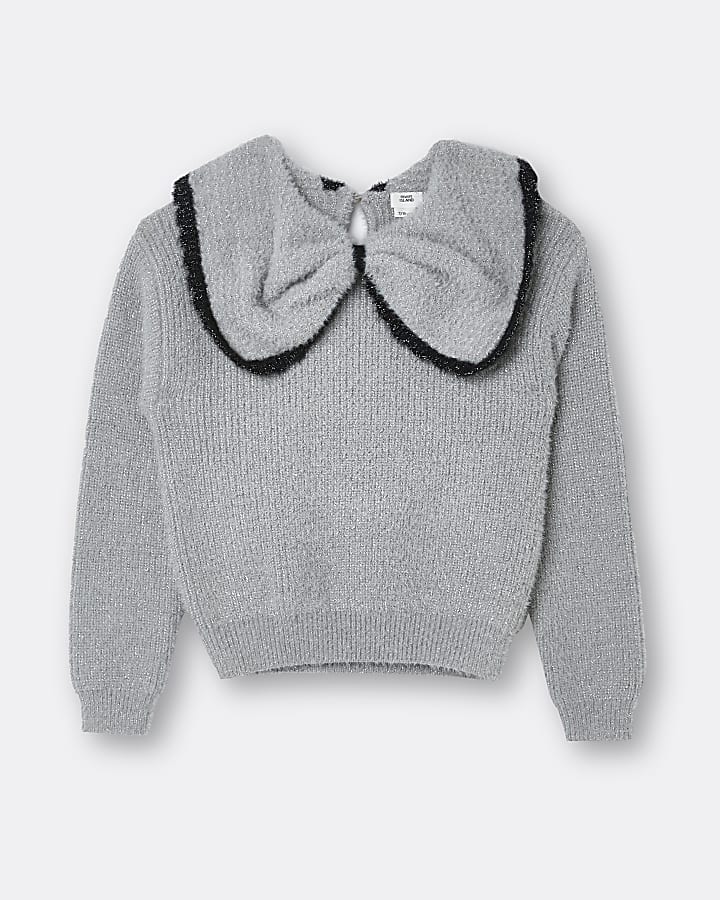 Girls grey bow collar jumper