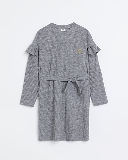 Girls Grey Cosy Ribbed Belted Dress