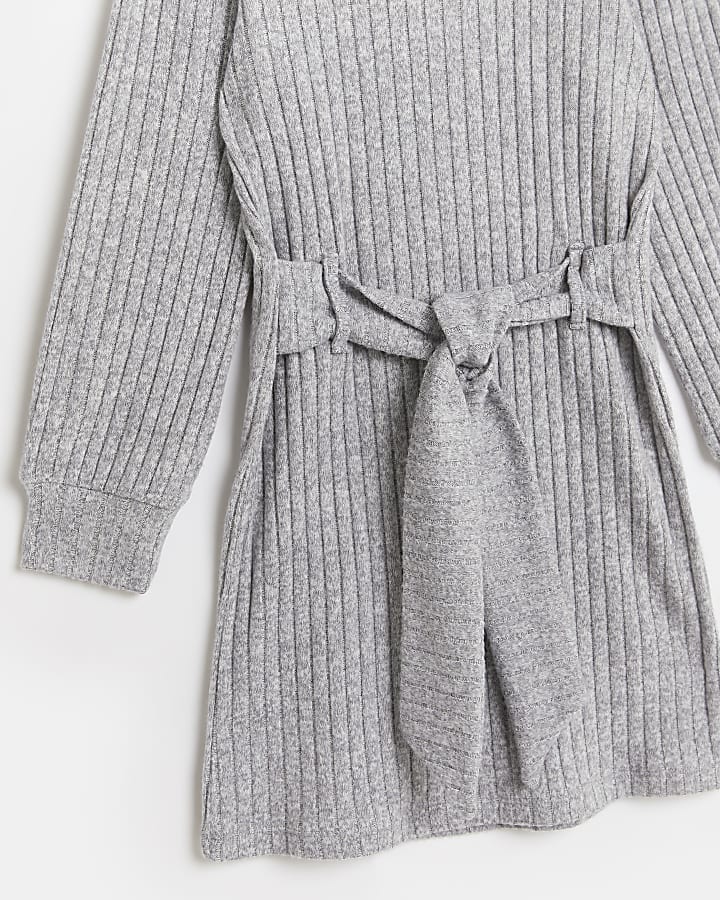 Girls grey cosy ribbed belted dress