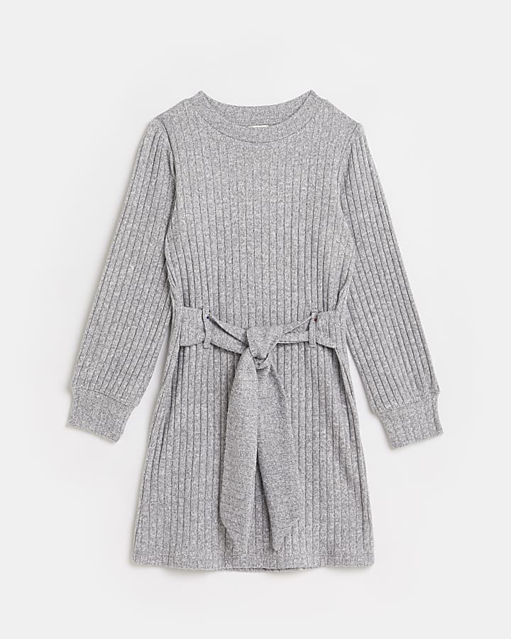 Girls grey cosy ribbed belted dress