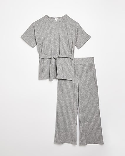 Girls grey cosy ribbed top and trousers set
