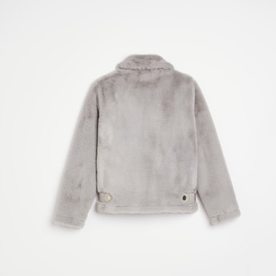 Girls Grey Faux Fur Biker Coat
