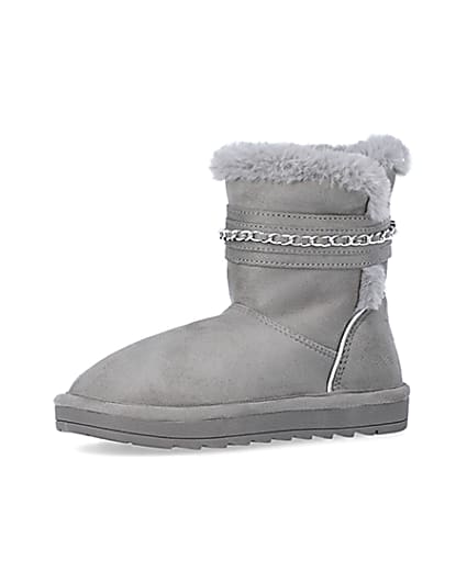 360 degree animation of product Girls Grey Faux Fur Chain Strap Boots frame-1