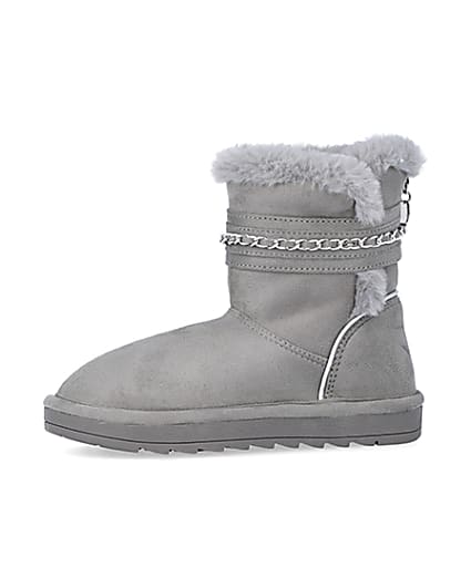 360 degree animation of product Girls Grey Faux Fur Chain Strap Boots frame-2