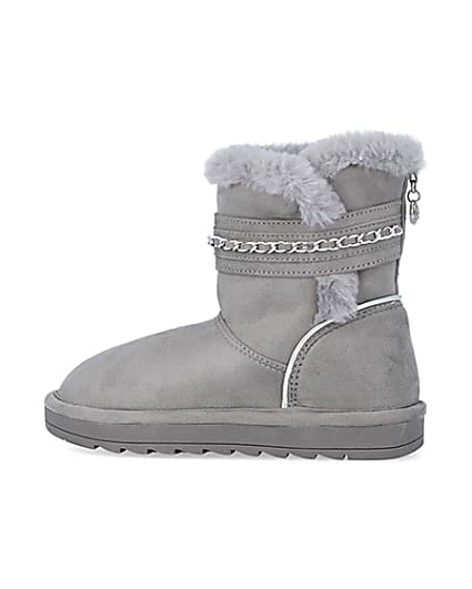 360 degree animation of product Girls Grey Faux Fur Chain Strap Boots frame-4