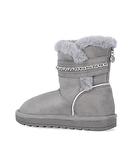 360 degree animation of product Girls Grey Faux Fur Chain Strap Boots frame-5