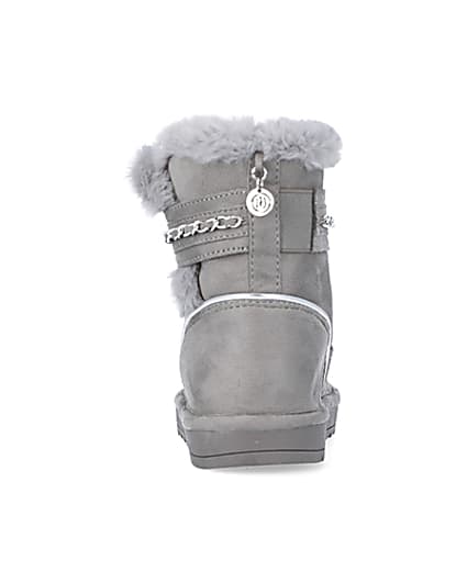 360 degree animation of product Girls Grey Faux Fur Chain Strap Boots frame-9