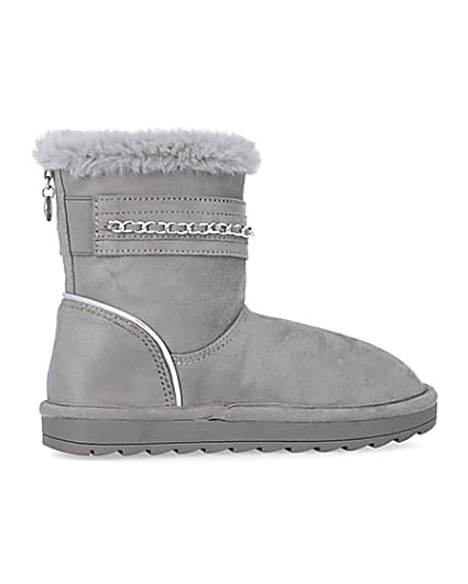 360 degree animation of product Girls Grey Faux Fur Chain Strap Boots frame-14
