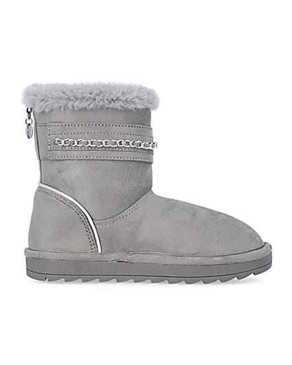 360 degree animation of product Girls Grey Faux Fur Chain Strap Boots frame-15