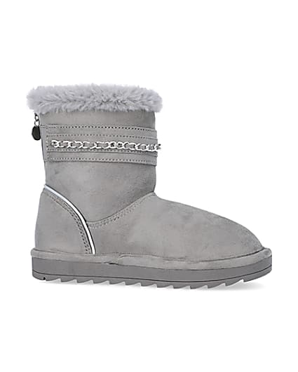 360 degree animation of product Girls Grey Faux Fur Chain Strap Boots frame-16