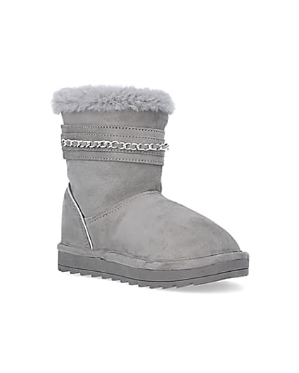 360 degree animation of product Girls Grey Faux Fur Chain Strap Boots frame-18