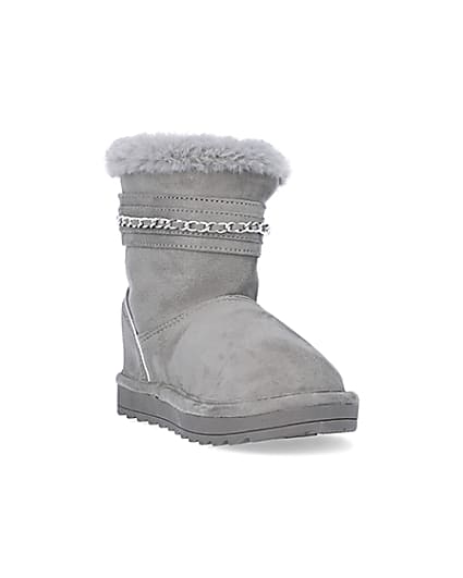 360 degree animation of product Girls Grey Faux Fur Chain Strap Boots frame-19
