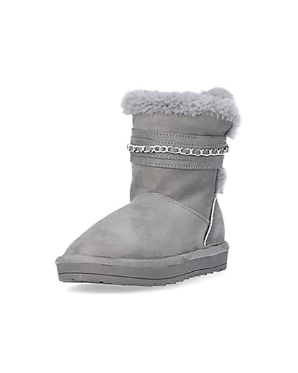 360 degree animation of product Girls Grey Faux Fur Chain Strap Boots frame-23
