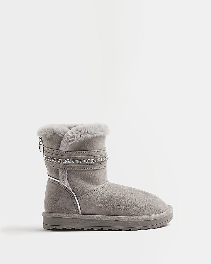 Girls Grey Faux Fur Chain Strap Boots