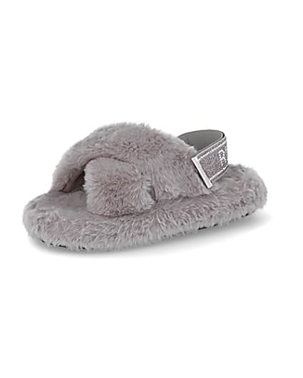 360 degree animation of product Girls grey faux fur diamante trim slippers frame-1