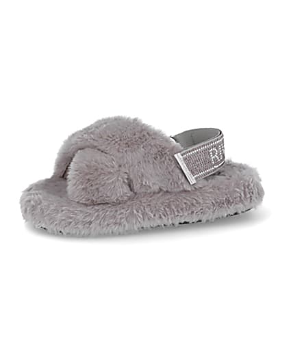 360 degree animation of product Girls grey faux fur diamante trim slippers frame-2
