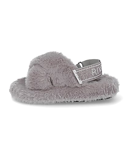 360 degree animation of product Girls grey faux fur diamante trim slippers frame-3
