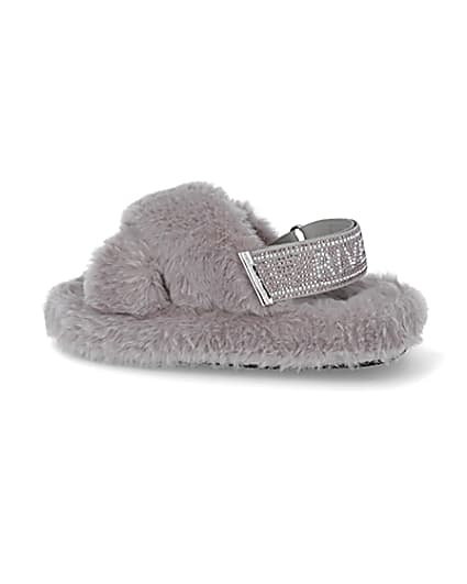 360 degree animation of product Girls grey faux fur diamante trim slippers frame-4