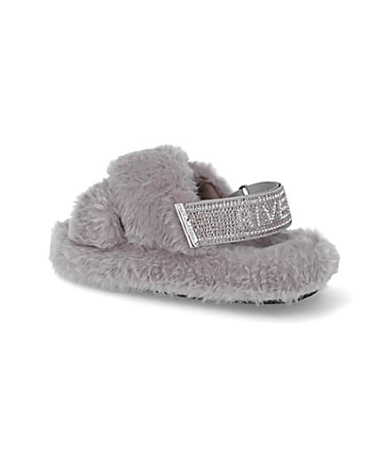 360 degree animation of product Girls grey faux fur diamante trim slippers frame-5